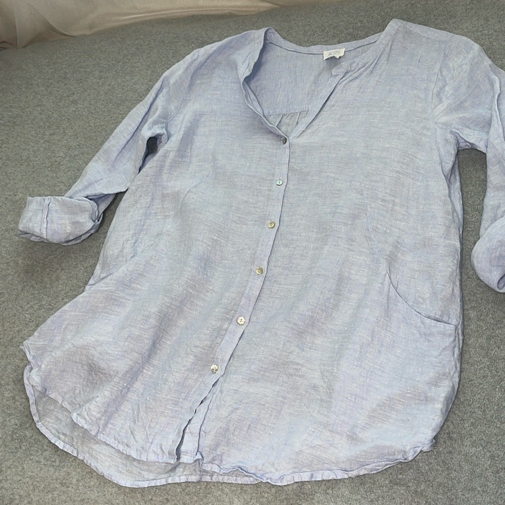 Sigrid Olsen Boho Linen Button Top Large Tunic Coastal Beach Lagenlook Roll Tab - Picture 9 of 10